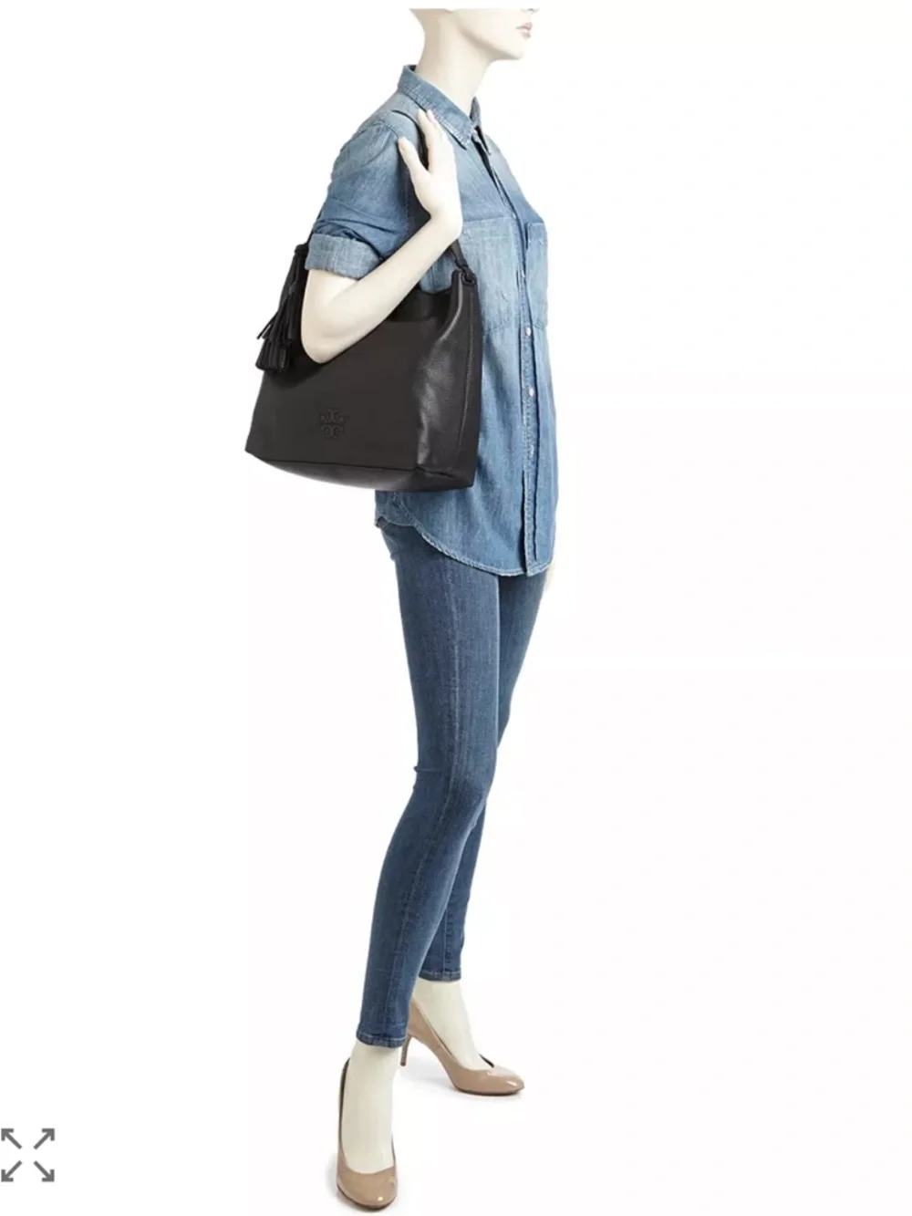 Tory Burch Thea Black Pebbled Leather Tassel Hobo Shoulder Bag!